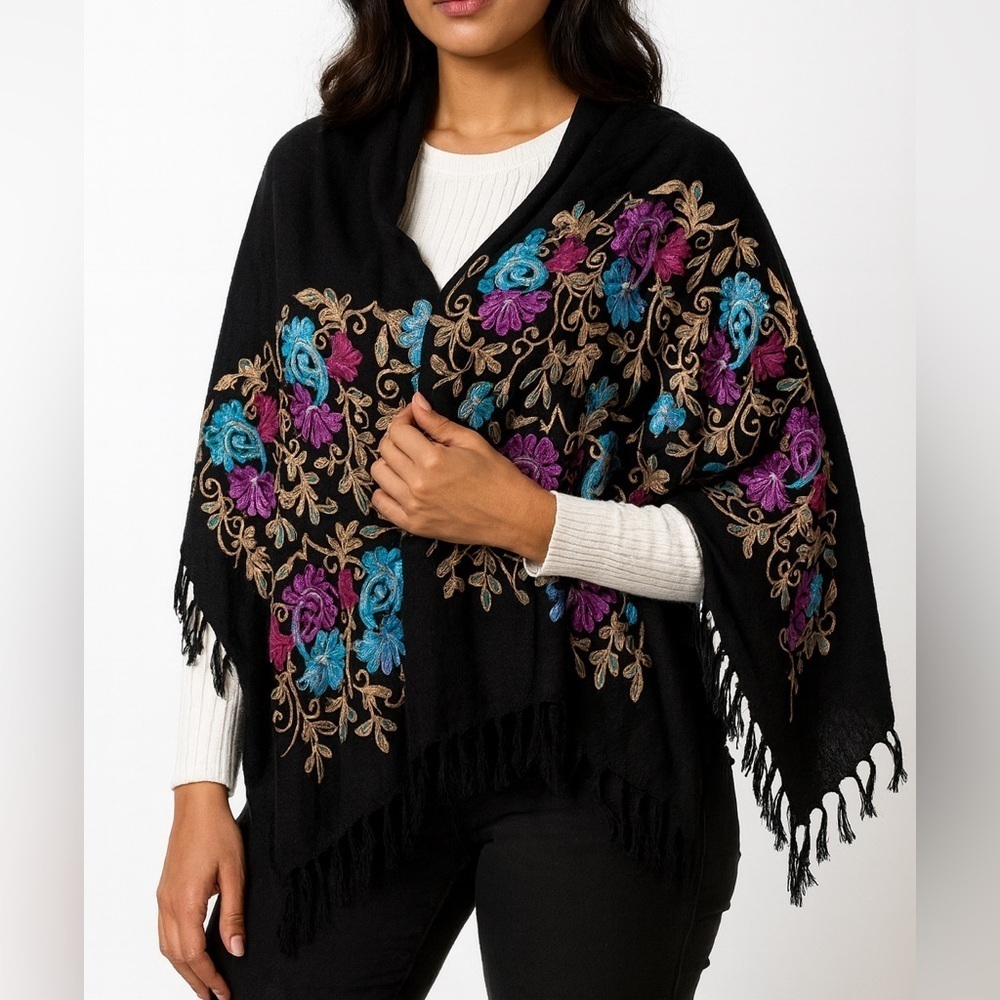 Black and Blue Scarf with Vibrant Patterns